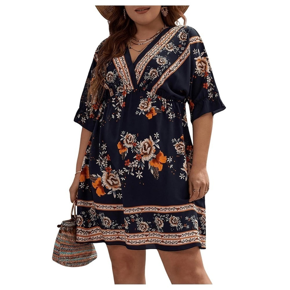 Tropical Sundress Mini Dress Plus Sz 22 5X Navy Floral Beach Boh Vacation V-Neck